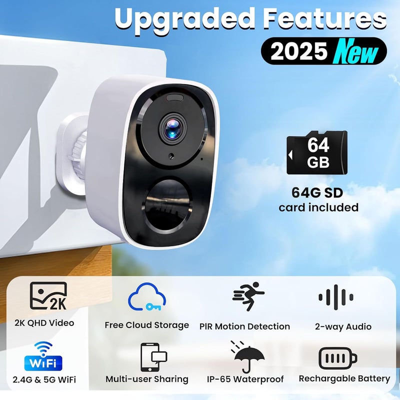 HITELLARCAM 2025 Upgraded 2K Wireless Security Camera with 64G SD Card, Free Cloud Storage, 1-6 Month Battery Life, AI Motion Detection, Spotlight, Siren Alarm, 2-Way Audio, Waterproof WiFi Surveillance Camera - Image 2